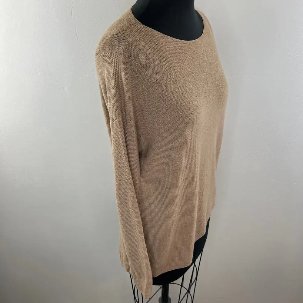 EILEEN FISHER Tan Camel Merino Wool Wide Neck Asymmetrical Pullover Sweater PS